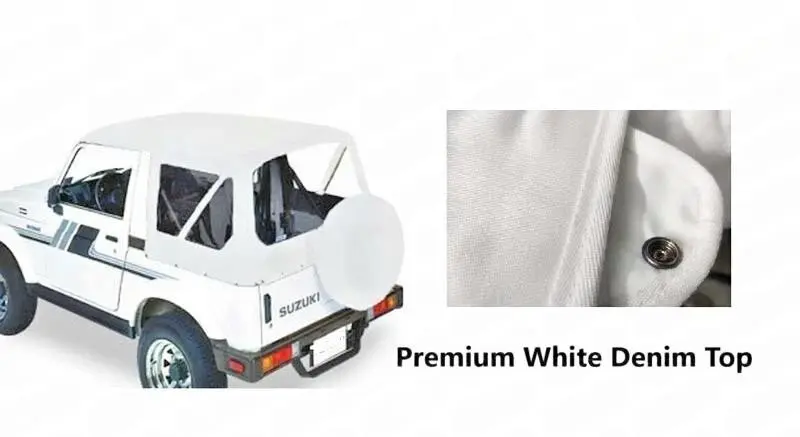 White 86-94 Suzuki Samurai Sierra Soft Top-Denim-Clear Window-Launch Offer