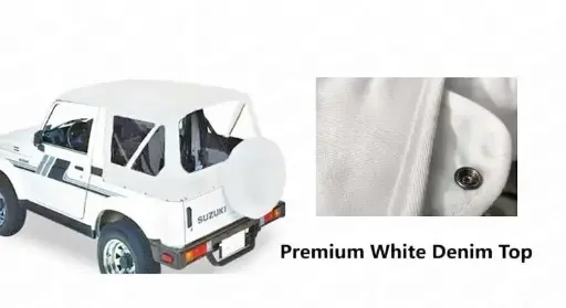 White 86-94 Suzuki Samurai Sierra Soft Top-Denim-Clear Window-Launch Offer